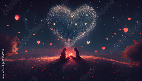 Sternenhimmel voller Herzen Liebespaar auf einem Hügel Fernbeziehung Valentinstag, Karte Vorlage Kartenmotiv Idee Liebe schenken Generative AI  photo