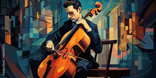 painting of a man is playing cello, in the style of dreamlike illustration, dynamic cubism, generative AI