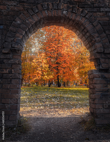 Golden autumn trees illuminated by the sun in the arched opening of the stone wall of the building..