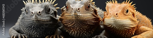 Three Colorful Bearded Dragons Standing in a Row