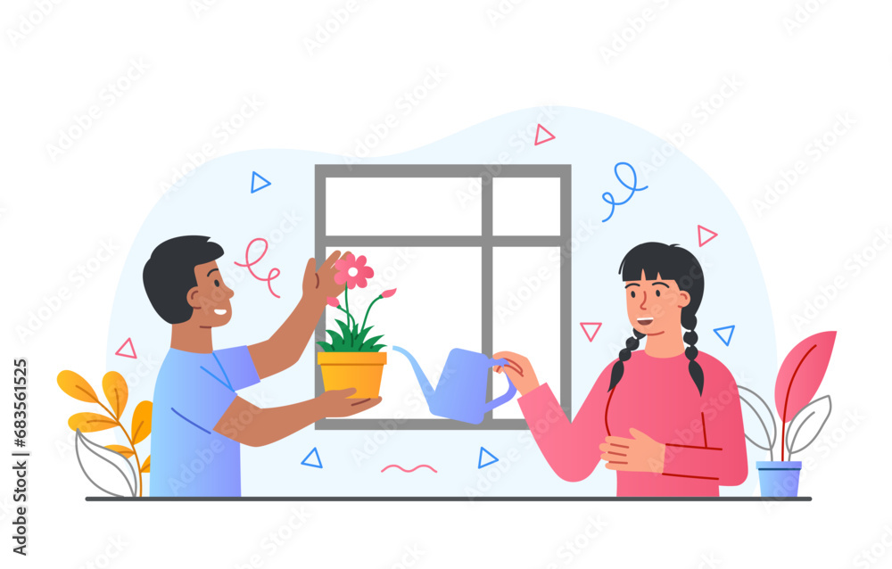 Care of plants. Mother and son watering flowers. Love for nature, little helper. Household chores and routine. Character indoor, gardener, family gardening hobby. Cartoon flat vector illustration Care of plants. Mother and son watering flowers. Love for nature, little helper. Household chores and routine. Character indoor, gardener, family gardening hobby. Cartoon flat vector illustration