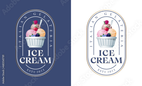 Ice cream logo. Vector illustration. White bowl with ice cream and berries inside rounded frame.
