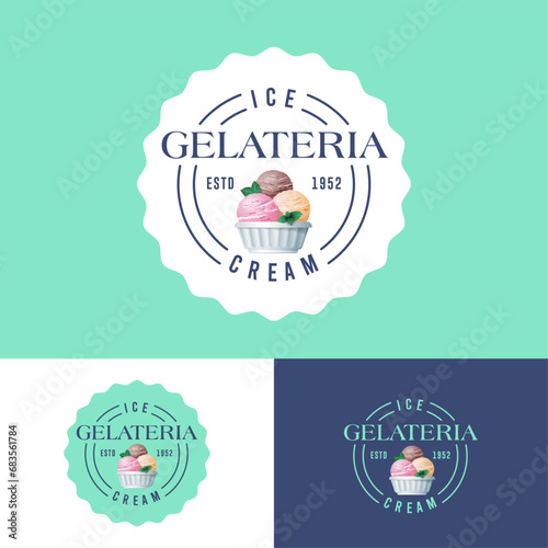 Gelateia logo. Wawy badge with letters and some scoops of ice cream rounded frame.