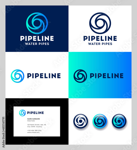 Vortex logo. Blue circle consists of three elements. Whirlpool icon Identity, corporate style. Business card and app buttons.