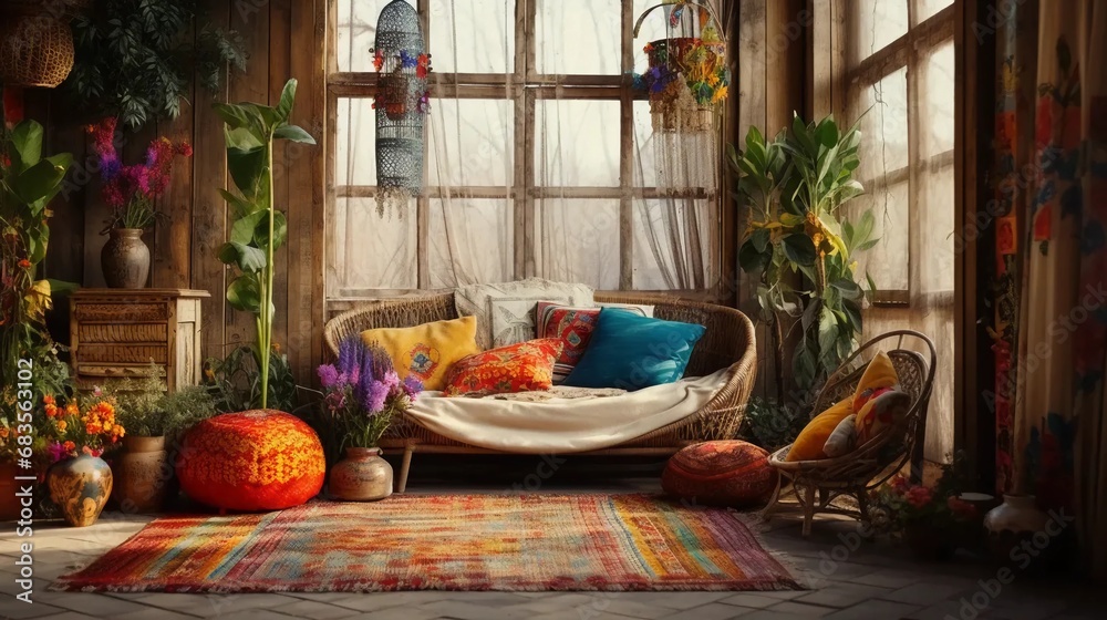 Oriental interior, room with a sofa and colorful pillows, lots of plants