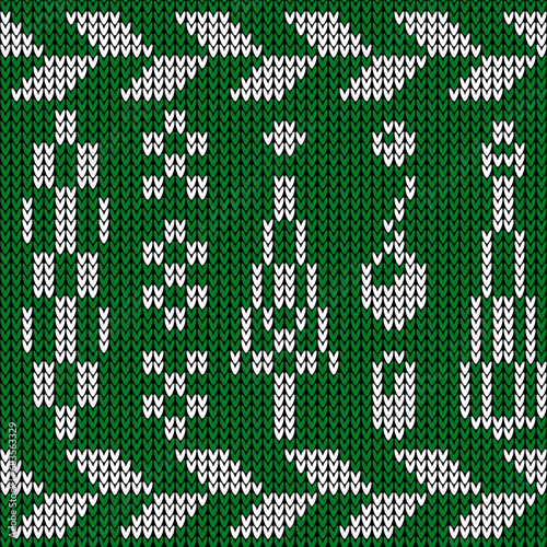 Knitted ornament runner with white pattern and green backdrop. Fashionable northern background. Knitted style. Creative illustration with winter motive.