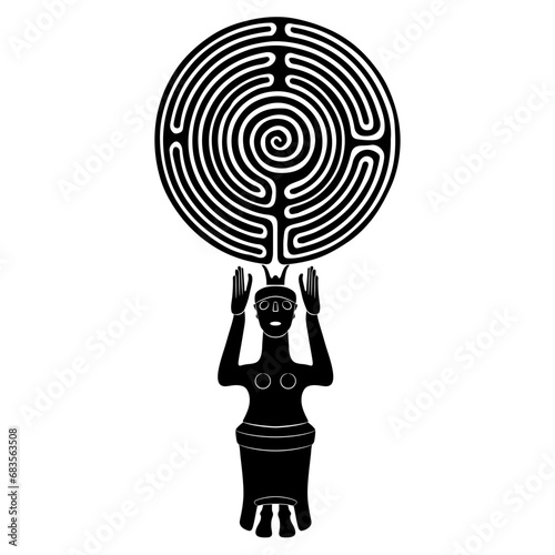Ancient Cretan Minoan goddess holding a round spiral maze or labyrinth symbol. Ariadne. Greek mythology. Creative concept. Feminist female power. Great Mother archetype. Black and white silhouette. photo