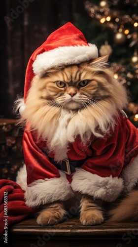 Adorable fluffy cat Santa hat sitting Christmas present box lights photo new year poster © Wiktoria
