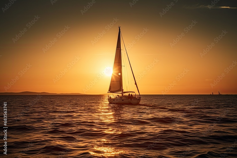 Yacht at sea at sunset. Beautiful seascape