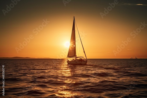 Yacht at sea at sunset. Beautiful seascape