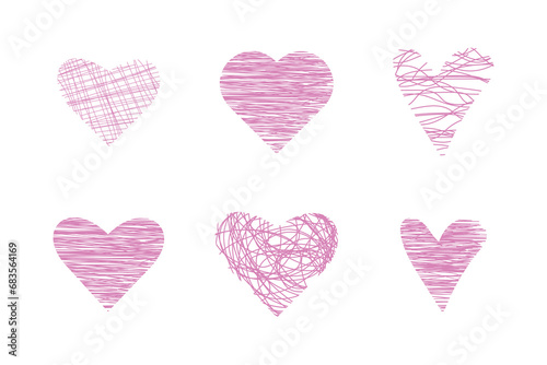 set of six pink hearts of different shapes  painted inside with different textures isolated on white background. For decoration  invitations  cards  prints. vector.