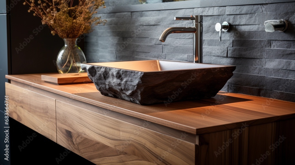 Wooden washbasin in a modern home, bathroom furniture design Wooden washbasin in a modern home, bathroom furniture design