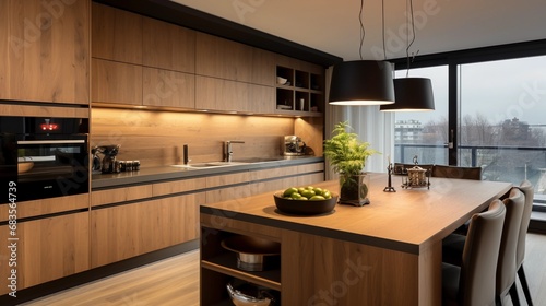 Modern kitchen in wooden style, cozy interior in a luxurious apartment