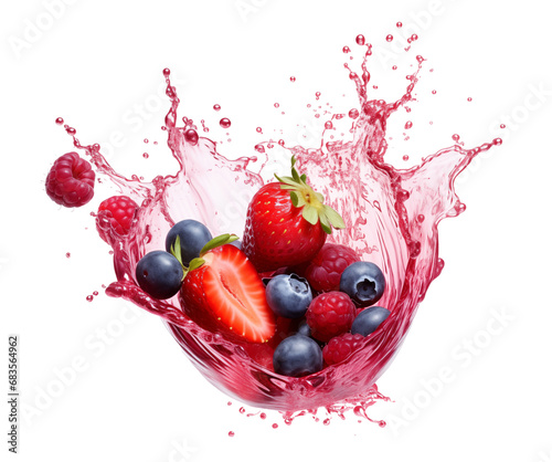 Mix berries fruit liquid splashing of Tropical fruits falling into juice isolated on transparent background. Generative AI