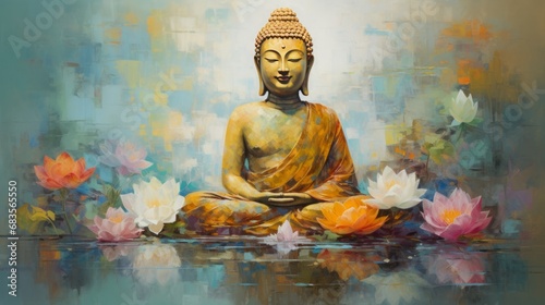 peaceful buddha painting, copy space, 16:9 photo