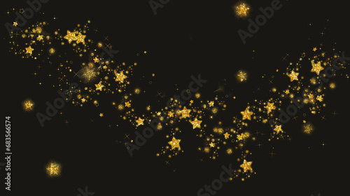 A digital illustration of an abstract background with gold glitter stars on a black background.
