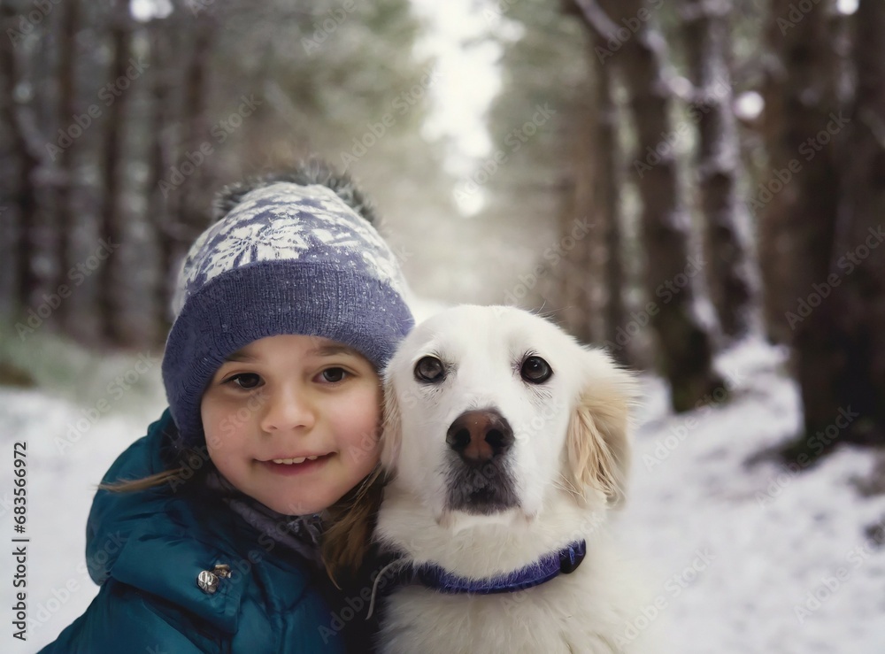 Child with puppy in the snow, girl with her dog enjoy winter holiday on frozen forest after snowfall Child with puppy in the snow, girl with her dog enjoy winter holiday on frozen forest after snowfall