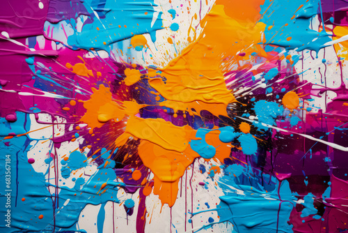 Explosion of vibrant paint splatters in a dynamic array of blues  purples  and oranges on a white background.