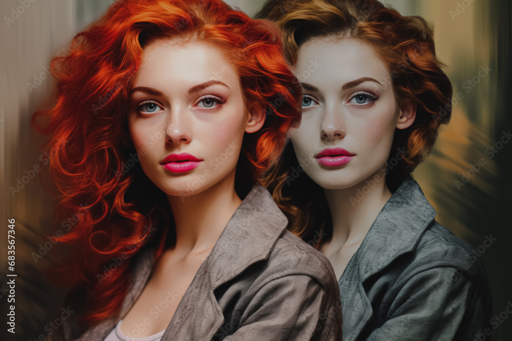Naklejka premium Mirror image of a woman with vivid red hair and striking makeup, exuding confidence and symmetry.