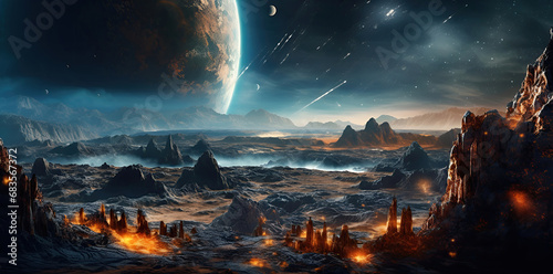 The mountainous surface of an unknown planet. Universe