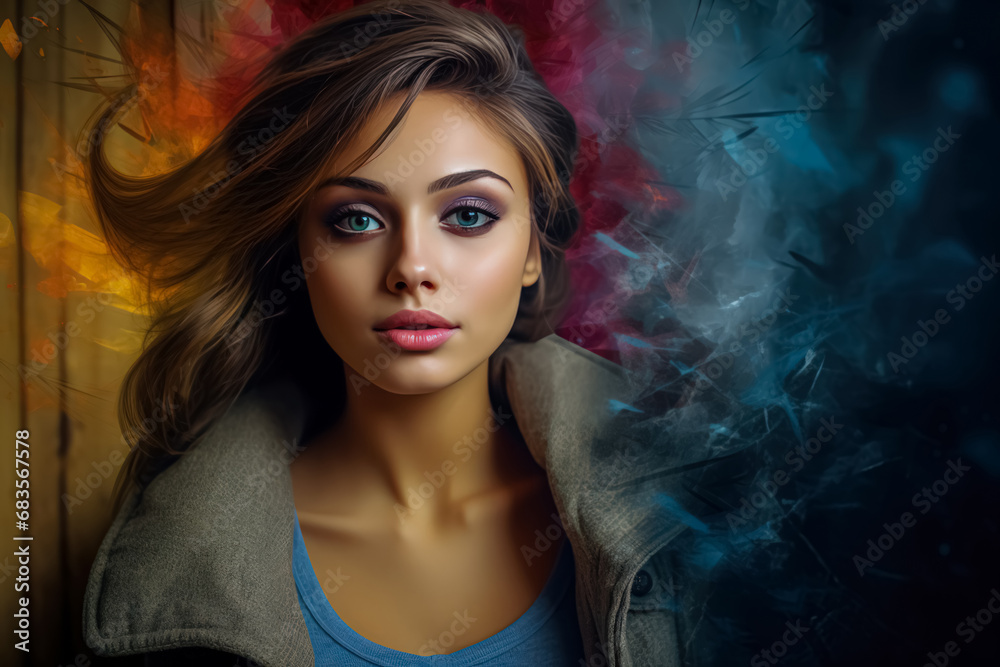A captivating woman with flowing hair and intense eyes, surrounded by a mystical swirl of vivid autumnal colors.