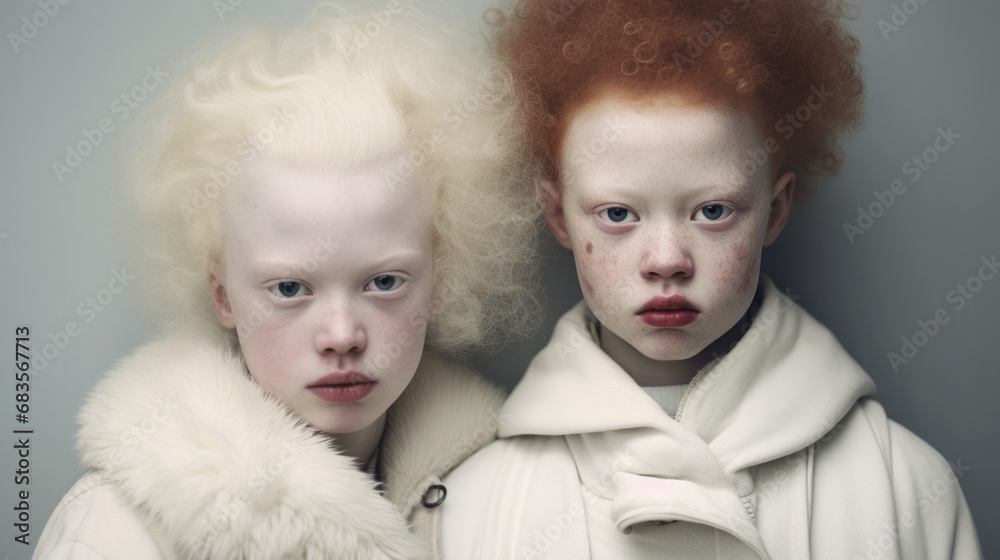 Close-up portrait of young Caucasian girls with albinism syndrome. Abnormal deviations. Close-up portrait of young Caucasian girls with albinism syndrome. Abnormal deviations.