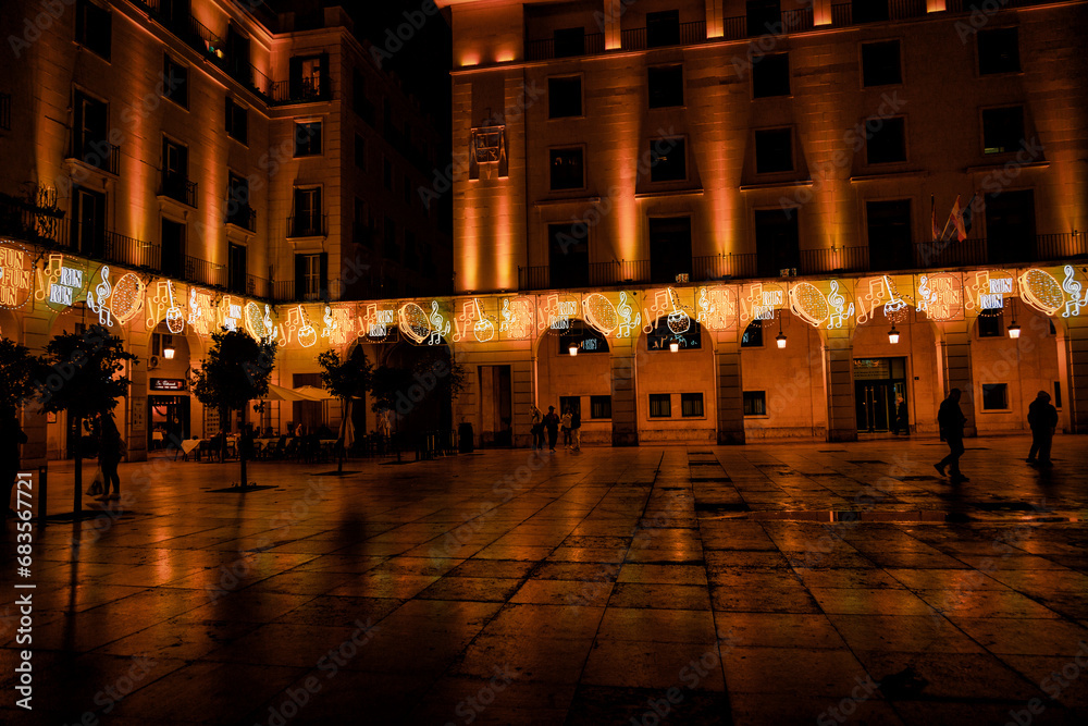 Christmas decorations at night in Alicante city
