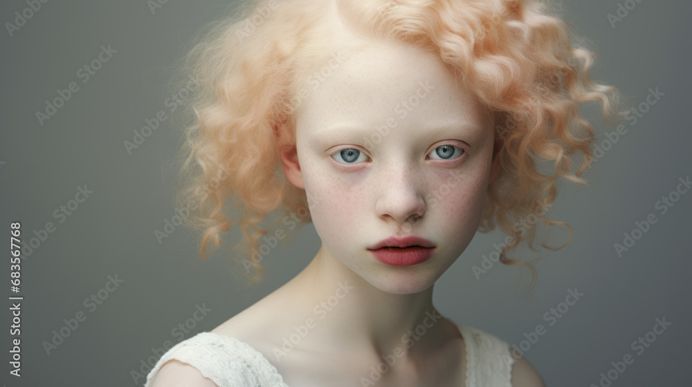 Close-up portrait of young Caucasian girl with albinism syndrome. Abnormal deviations. Close-up portrait of young Caucasian girl with albinism syndrome. Abnormal deviations.