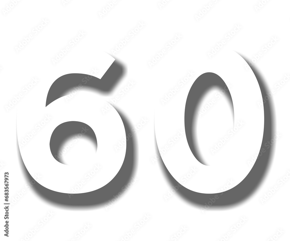3D number 60 sixty white color sign symbol numbers for design elements isolated on transparent background - obrazy, fototapety, plakaty 