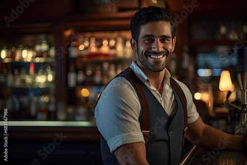 attractive bartender serving drinks in a pub, sports bar, restaurant, taking care of its customers; happy, smiling, good-looking alcohol server, waiter, waitress