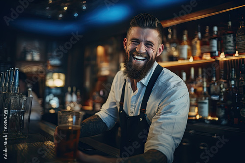 attractive bartender serving drinks in a pub, sports bar, restaurant, taking care of its customers; happy, smiling, good-looking alcohol server, waiter, waitress photo