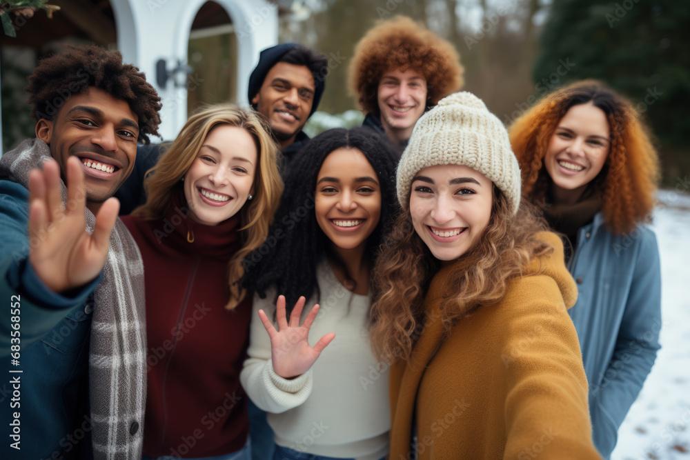 Group of joyful friends taking a selfie in the snow, with genuine smiles and winter attire, conveying warmth and togetherness. Group of joyful friends taking a selfie in the snow, with genuine smiles and winter attire, conveying warmth and togetherness.