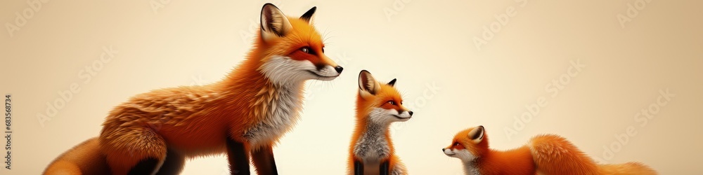 Obraz premium Three Foxes in a Harmonious Cartoon Setting