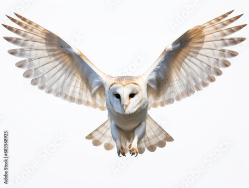 Stunning Snapshot: Majestic Barn Owl Soaring Across the Stark White Sky Generative AI