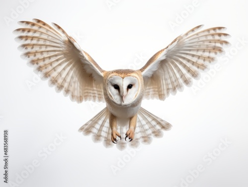 Captivating Image of Majestic Barn Owl Soaring in Pristine White Sky Generative AI