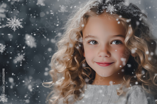 A smiling young girl with curly hair and snowflakes on her head, against a snowy background.