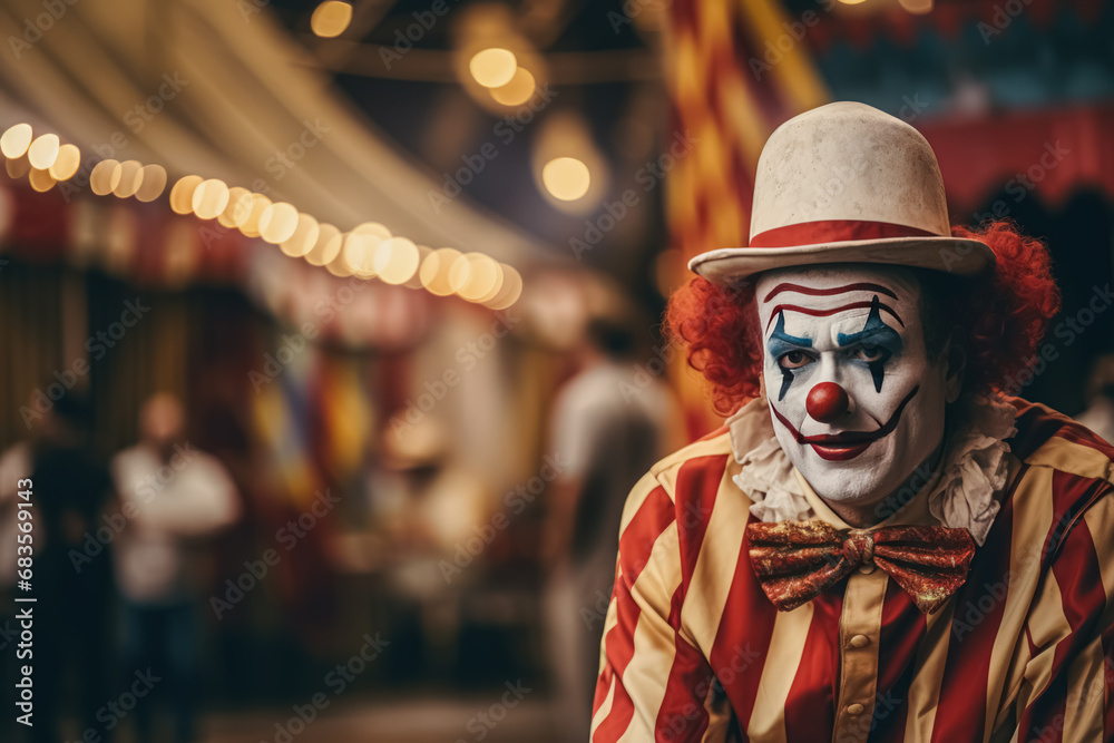 A clown in traditional makeup and costume at a carnival, with blurred lights in the background. A clown in traditional makeup and costume at a carnival, with blurred lights in the background.