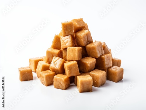 Exquisite Cubed Tofu Delicacy Artfully Displayed on Pristine White Backdrop - Food Art at its Finest! Generative AI