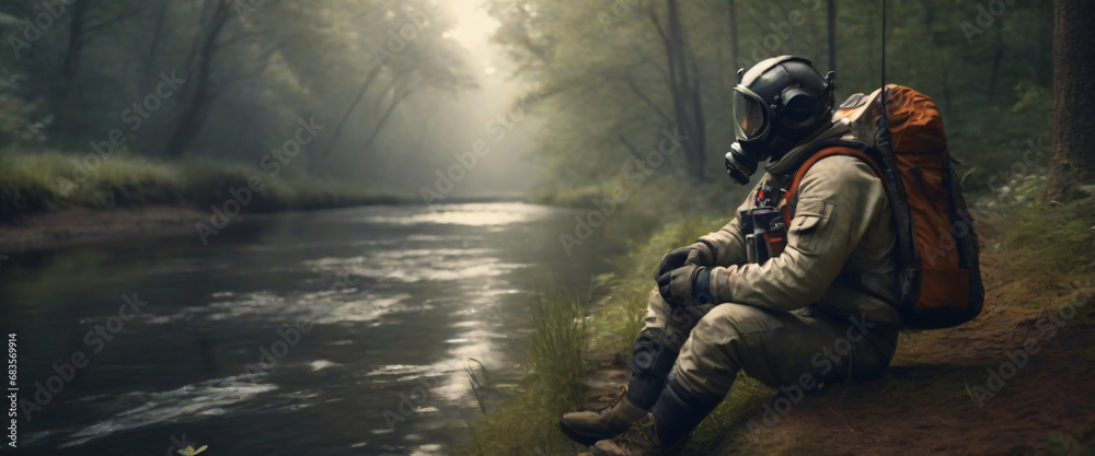 portrait of An astronaut sits fishing on the edge of a canal in the middle of the forest portrait of An astronaut sits fishing on the edge of a canal in the middle of the forest