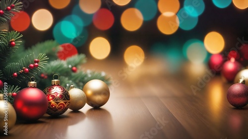 Christmas Ornaments on a Wooden Surface with Bokeh Effect (Generative AI)