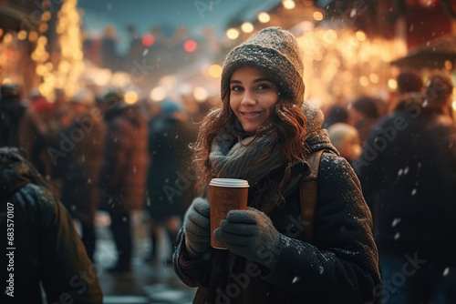 mujer joven con ropa de invierno, gorro de lana y sonriente sosteniendo un café entre sus manos en una calle iluminada con decoración navideña y fondo desenfocado photo