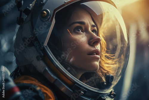 An astronaut with a reflective visor looks on, sunlight highlighting her contemplative face.
