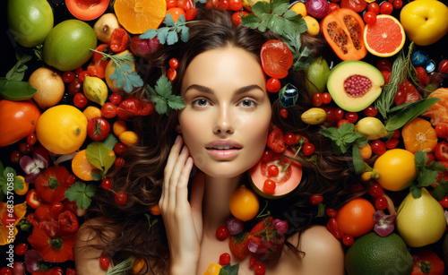 Portrait of a beautiful model with fresh exotic fruits. Skin and hair product. Organic cosmetics
