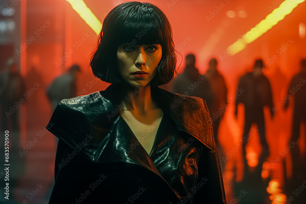 Fototapeta premium A woman with a sharp bob haircut in a leather jacket stands assertively in a neon-lit corridor, her expression intense.