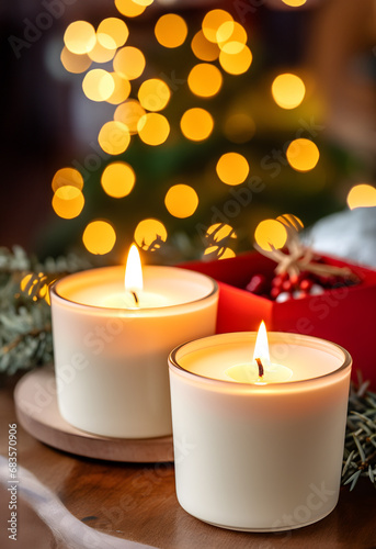 The warm glow of two wax candles on a table, evoking memories of christmas and creating a cozy ambiance