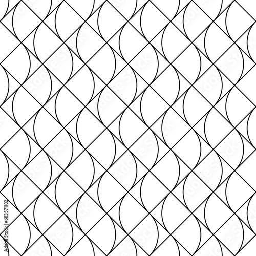 Grid motif. Ethnic embroidery ornament with repeated scallops. Scale. Repeat scallop background. Seamless surface pattern design with scales. Grill wallpaper. Crossed diagonal lines and curves. Vector
