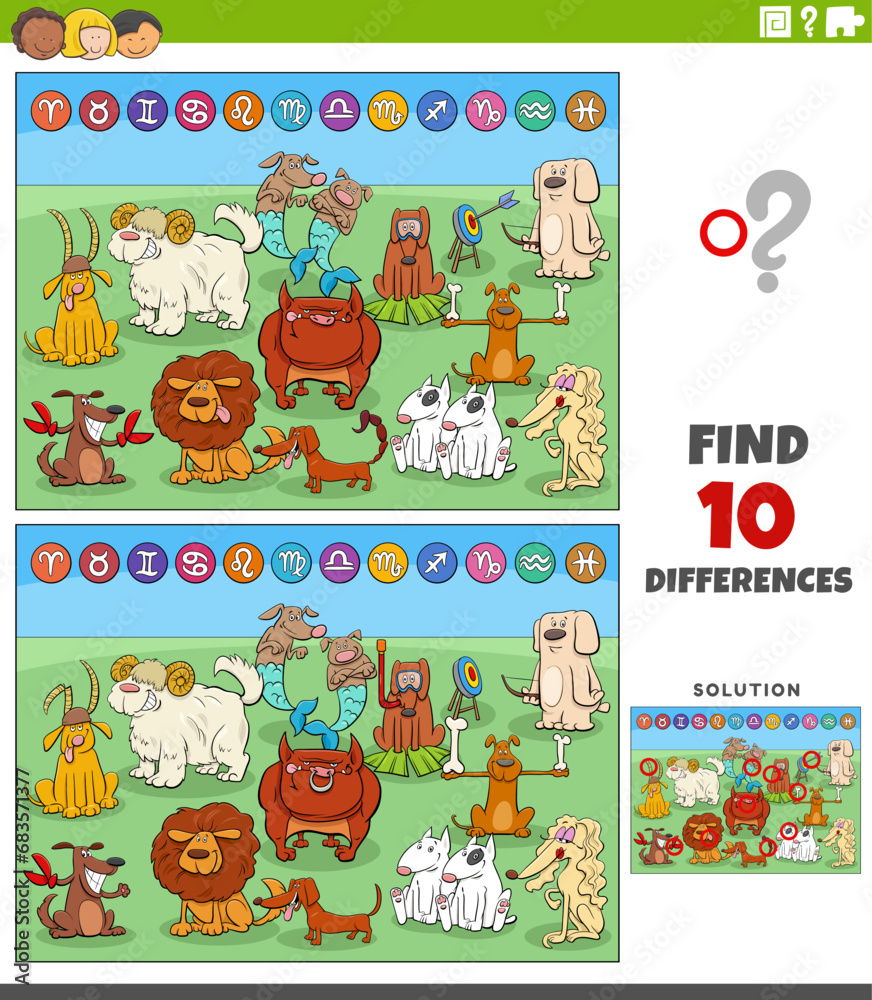 Obraz premium differences games with cartoon zodiac signs with dogs