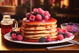 Indulge in Delight: Fresh Berries and Syrup-Drenched Pancakes Generative AI
