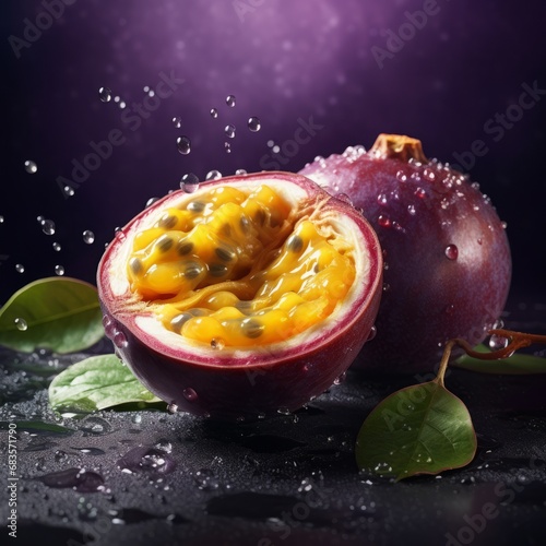 Experience the Tropical Taste  Open Passion Fruit with Leafs in Full Display Generative AI