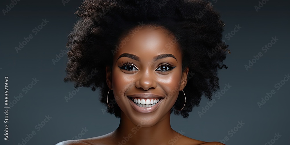 African woman smiling with big eyes on a grey background, generative AI African woman smiling with big eyes on a grey background, generative AI